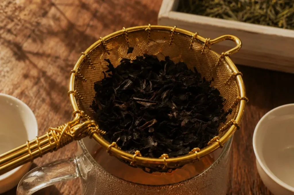 A gold tea strainer holds dark loose tea leaves over a glass cup on a wooden table, beside two empty white teacups. The setting feels warm and inviting.