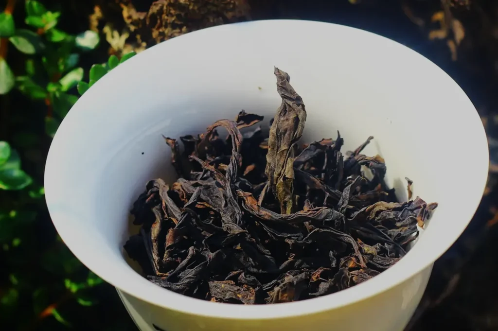 A white bowl filled with dried, dark brown tea leaves, set against a blurred natural background with hints of green foliage, conveying an organic feel.