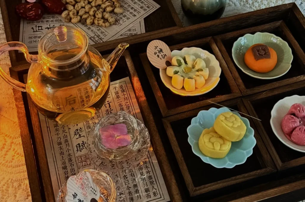 A warm-lit setting features a clear teapot with tea on a wooden tray. Beside it are small plates with colorful Japanese sweets, evoking a cozy, traditional atmosphere.