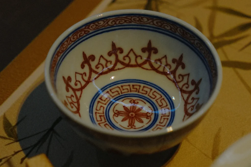 A decorative ceramic bowl with intricate red and blue patterns on the interior, featuring floral and geometric designs, sits on a patterned surface.