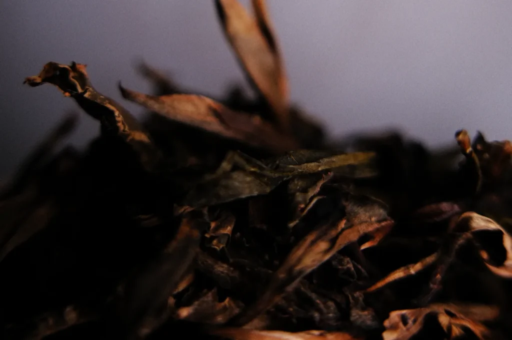 Close up shot of ried tea leaves in various shades of brown scattered in a dark background.