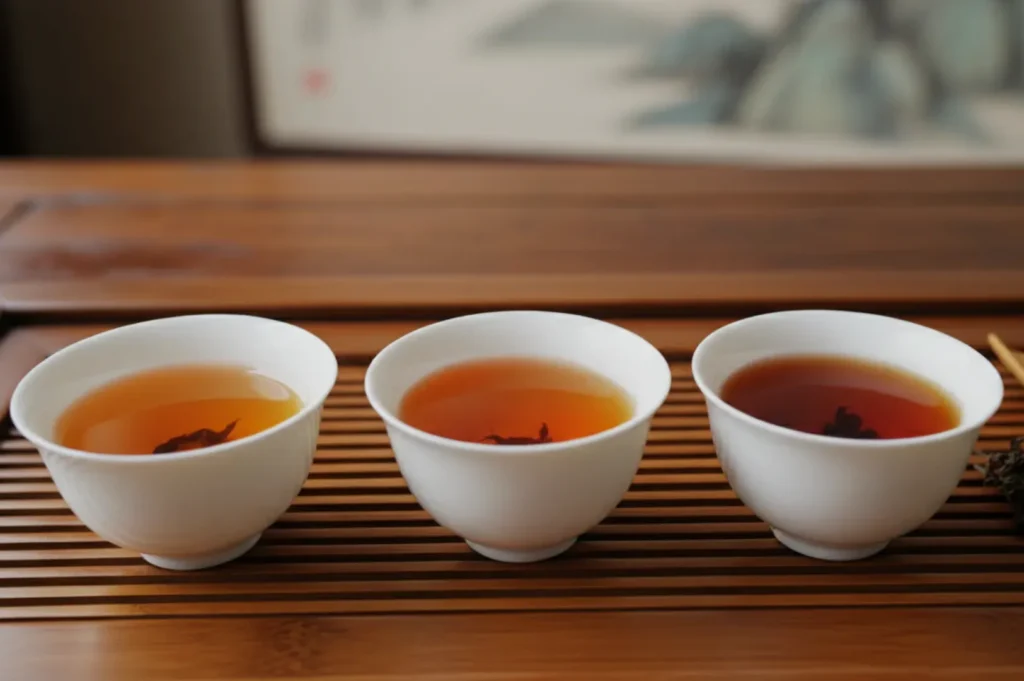 Three white tea cups filled with different types of tea, placed on a wooden surface with a traditional background.