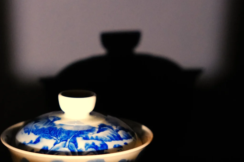 A decorative bowl with a blue and white pattern, partially illuminated against a dark background, casting a shadow.