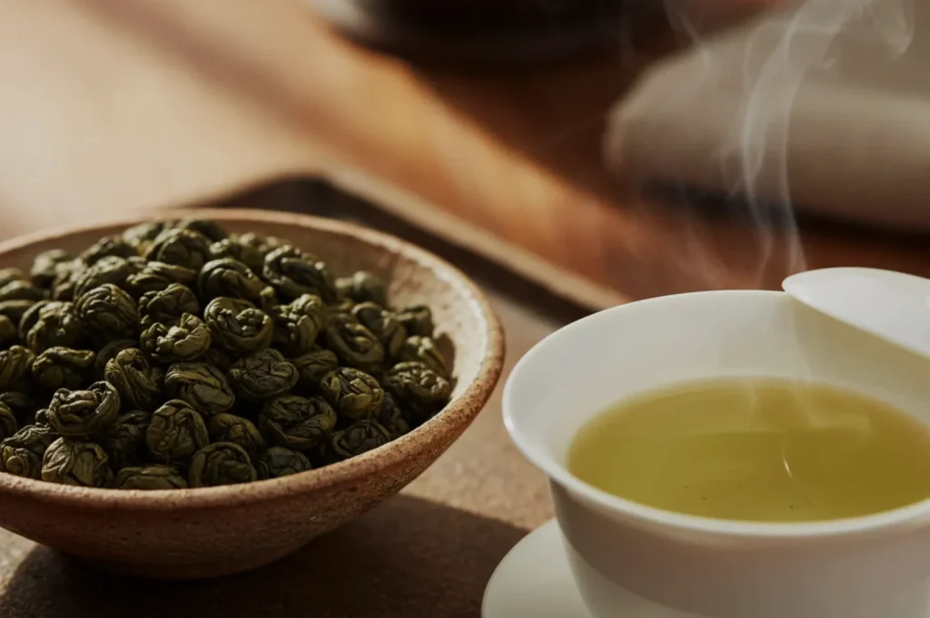 A bowl of rolled green tea leaves next to a cup of freshly brewed green tea, with steam rising from the cup.