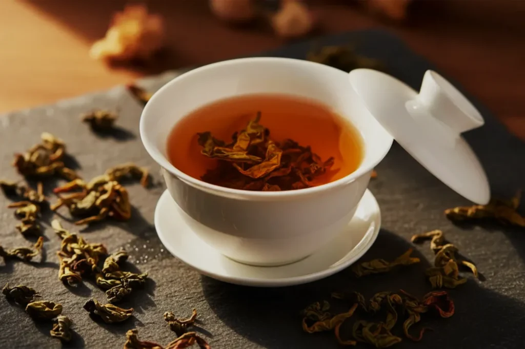 A cup of tea with dried tea leaves scattered around.