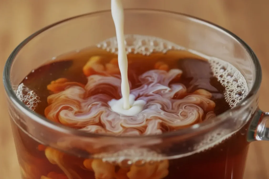 A close-up of a glass cup filled with rooibos tea, with milk being poured in, creating a swirling pattern.
