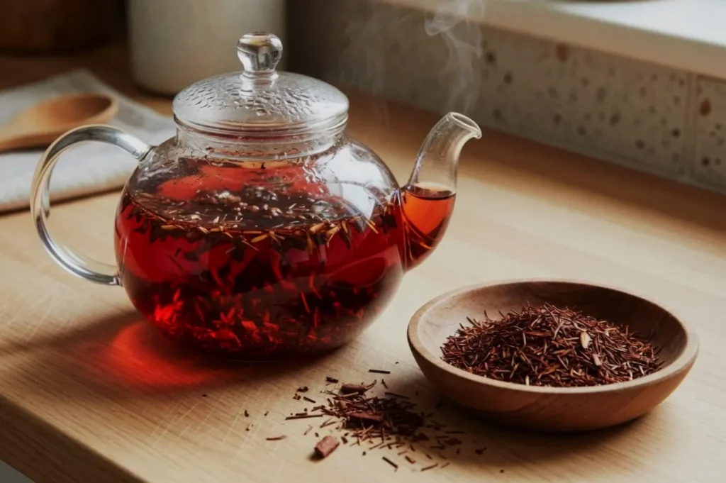 A glass teapot filled with red tea, sitting on a wooden surface, with some loose tea leaves in a bowl beside it. Steam is rising from the teapot.