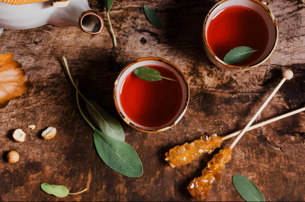 Two cups of rooibos tea with fresh leaves on a wooden surface, accompanied by honey sticks and scattered nuts.