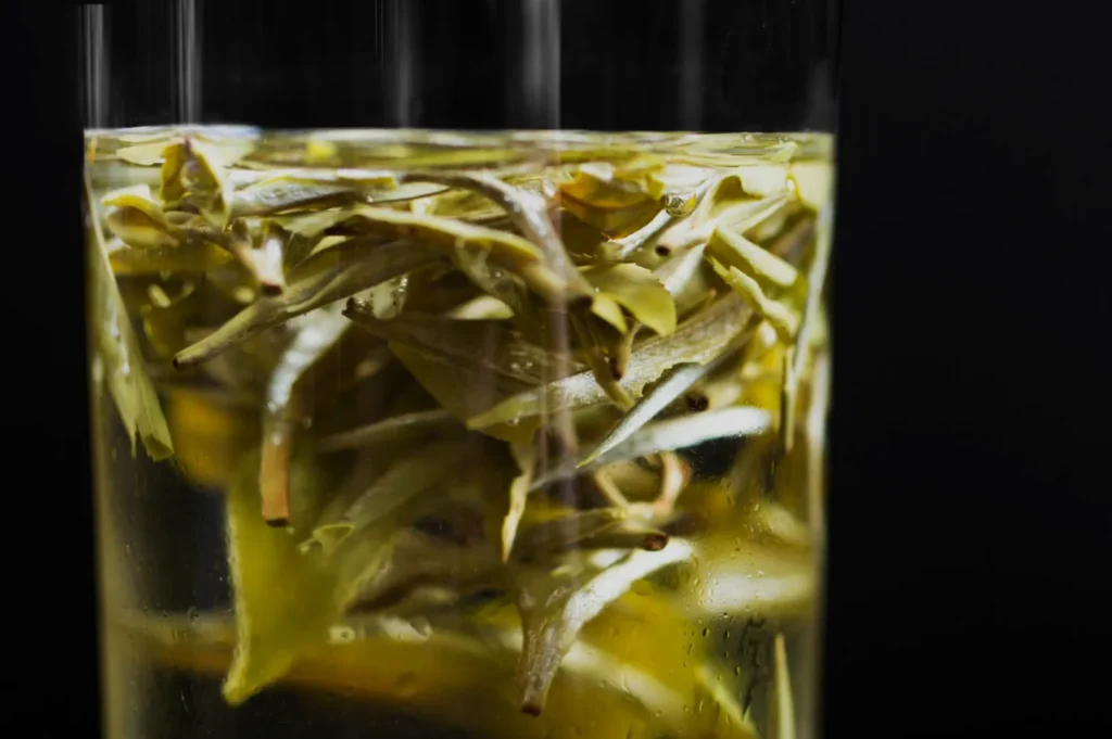 A close-up of a transparent glass containing steeped green tea leaves in water.