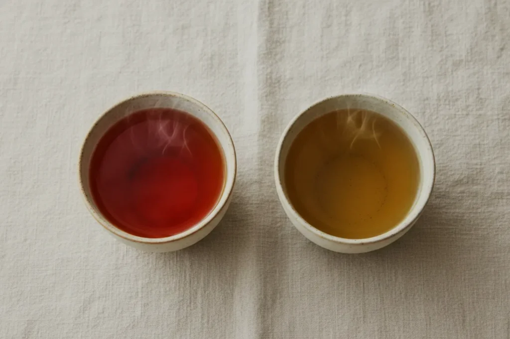 Two cups of tea, one with a reddish hue and the other with a light yellow color, placed on a white tablecloth.