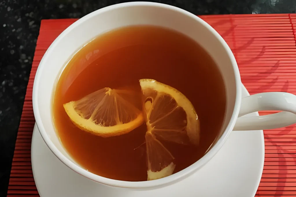 A cup of rooibos tea with two lemon slices, served on a red mat.