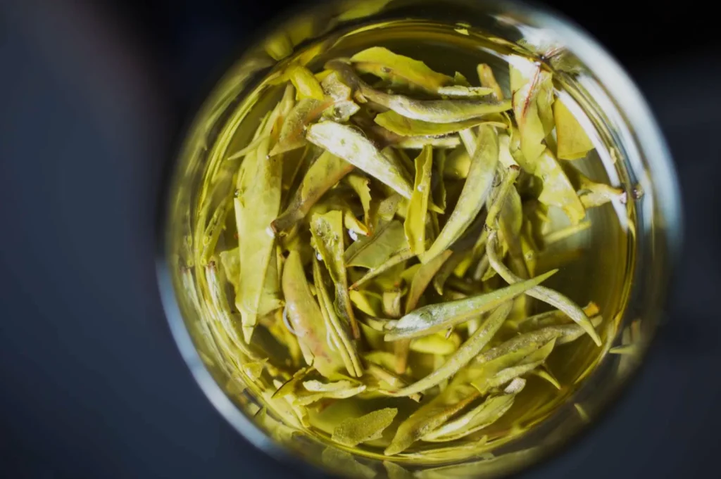 A close-up of a glass containing green tea leaves submerged in light green liquid.