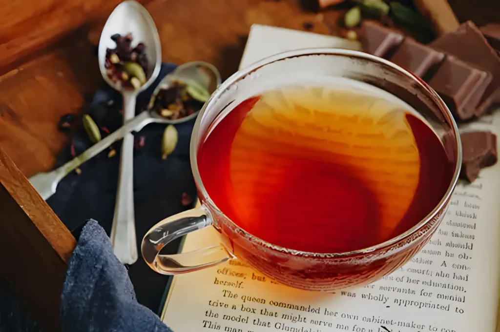 A glass cup of rooibos tea is placed on an open book, with two spoons and some chocolate pieces nearby.