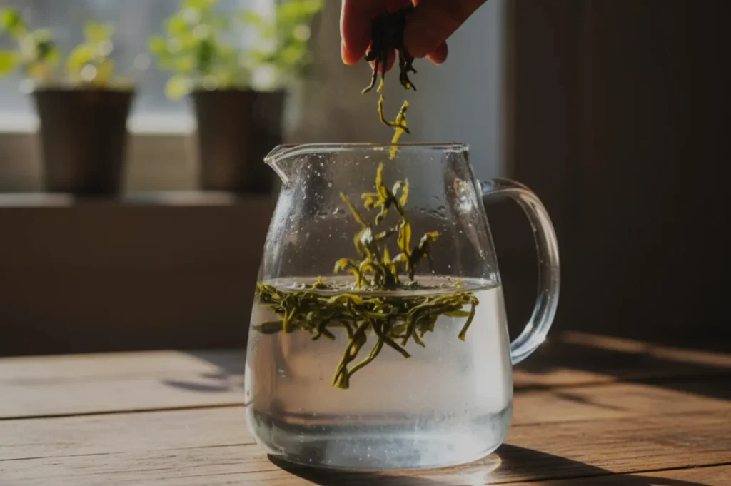 A hand holding green tea leaves while placing them into a glass pitcher of water on a wooden table.