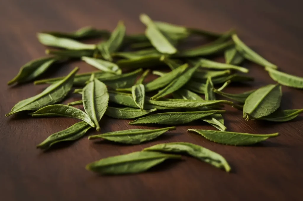 A scattered pile of green tea leaves on a wooden surface.