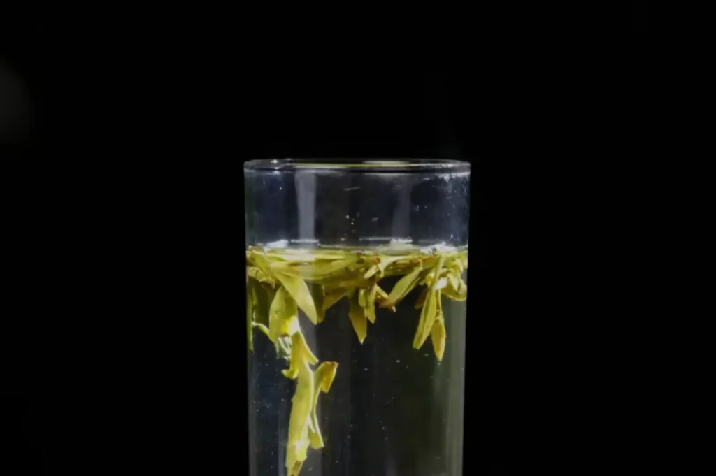 A glass of clear liquid with green tea leaves floating at the top against a black background.