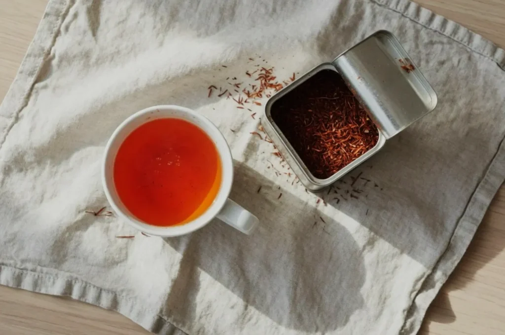 A cup of orange tea placed on a light-colored cloth, next to an open tin container filled with loose tea.
