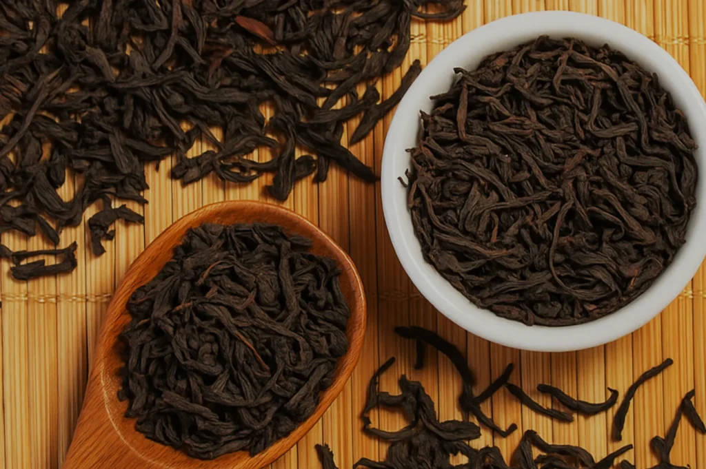 A wooden scoop filled with loose black tea leaves next to a white bowl containing more black tea leaves, all arranged on a bamboo mat.