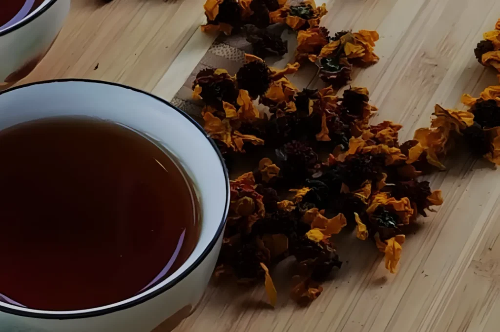 A close-up of two cups of tea surrounded by dried flowers on a wooden surface.