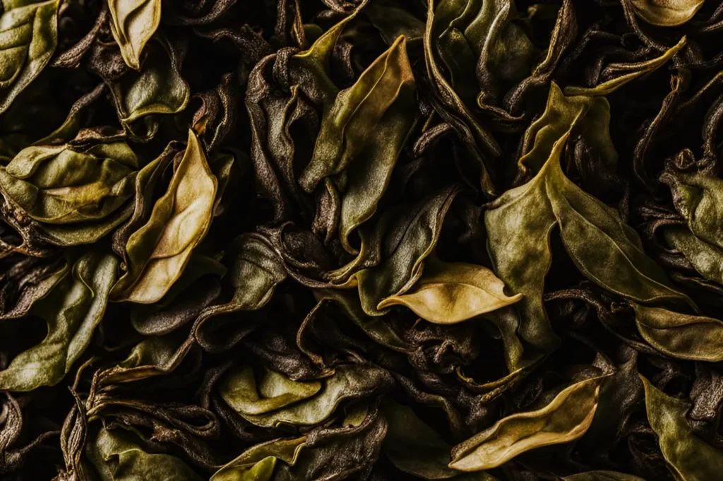 A close-up of dried tea leaves with a mix of dark and light green hues.
