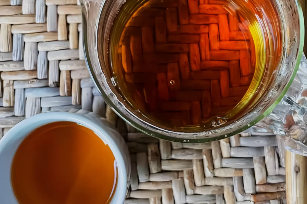 Top-down view of amber tea in a glass pot and cup on a woven bamboo tray; warm reddish reflections give the quiet tea setting a cozy, serene feel.