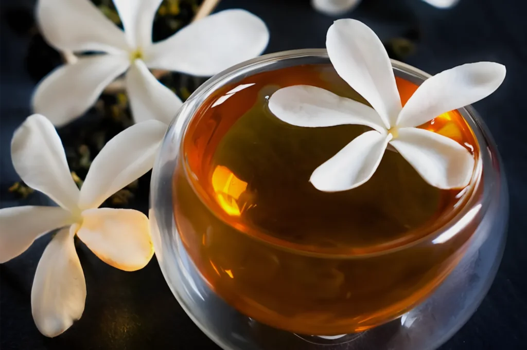 Overhead view of amber herbal tea in a clear glass cup, decorated with white blossoms on top and scattered nearby, creating a calm, elegant mood.