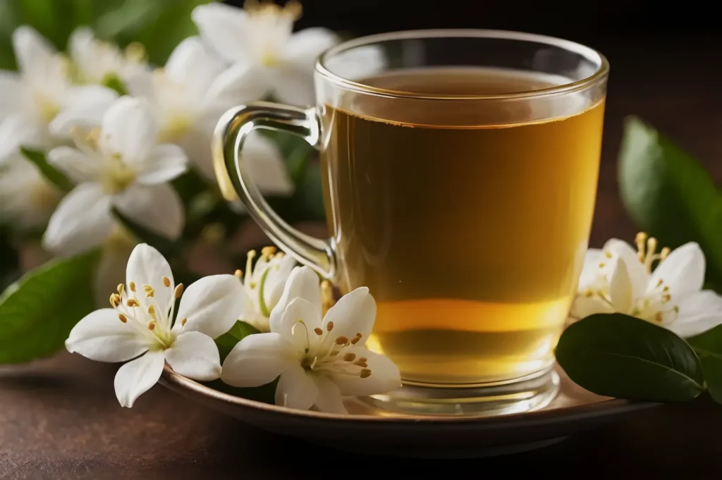 A glass cup of golden tea sits on a dark saucer among white jasmine flowers and green leaves, creating a warm, peaceful still life.