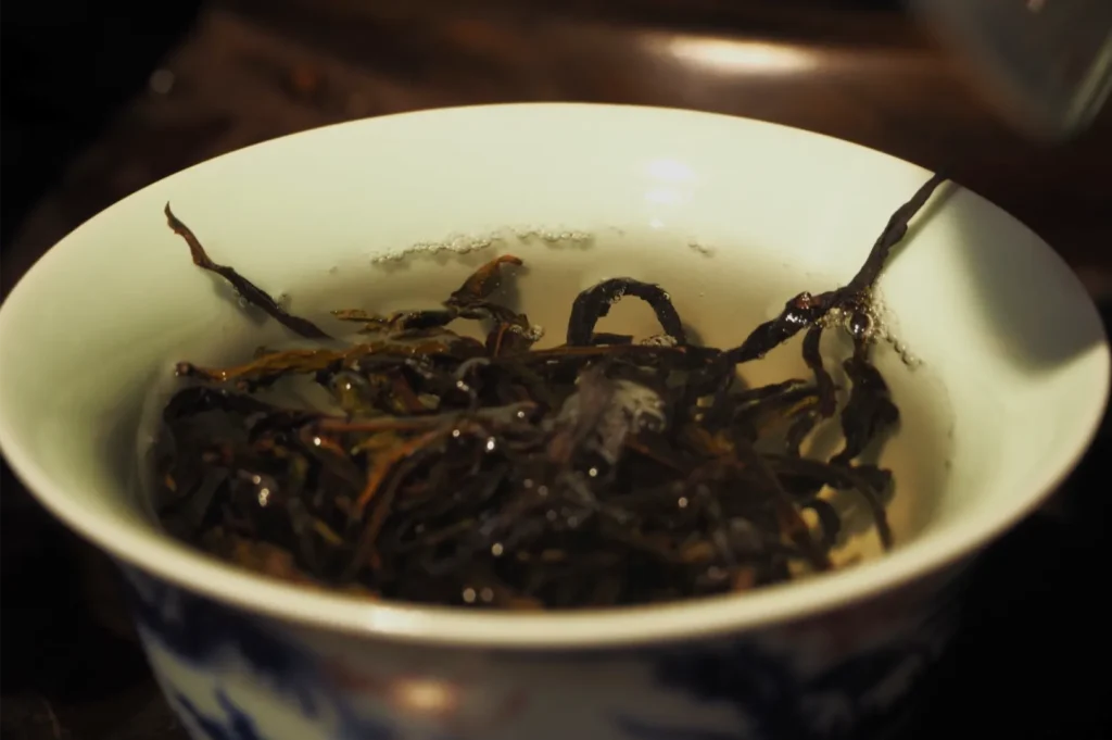 A close-up of a porcelain bowl filled with dark, tangled seaweed or herbal ingredients in liquid, presented against a dim background with a moody, rustic tone.
