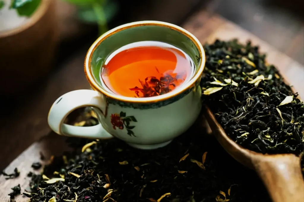 A vintage green-and-white teacup holds glowing amber tea among scattered loose leaves and a wooden scoop, creating a warm, inviting mood.