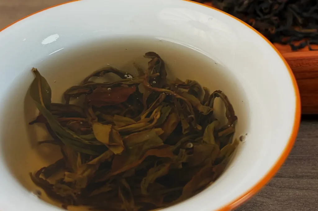 Close-up of dark, unfurled tea leaves steeping in amber water inside a white bowl with an orange rim, set on a wooden surface; calm, rustic mood.