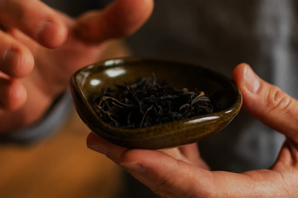 Hands carefully present a small brown ceramic bowl of loose, dark tea leaves, creating an intimate, warm scene of tea preparation.